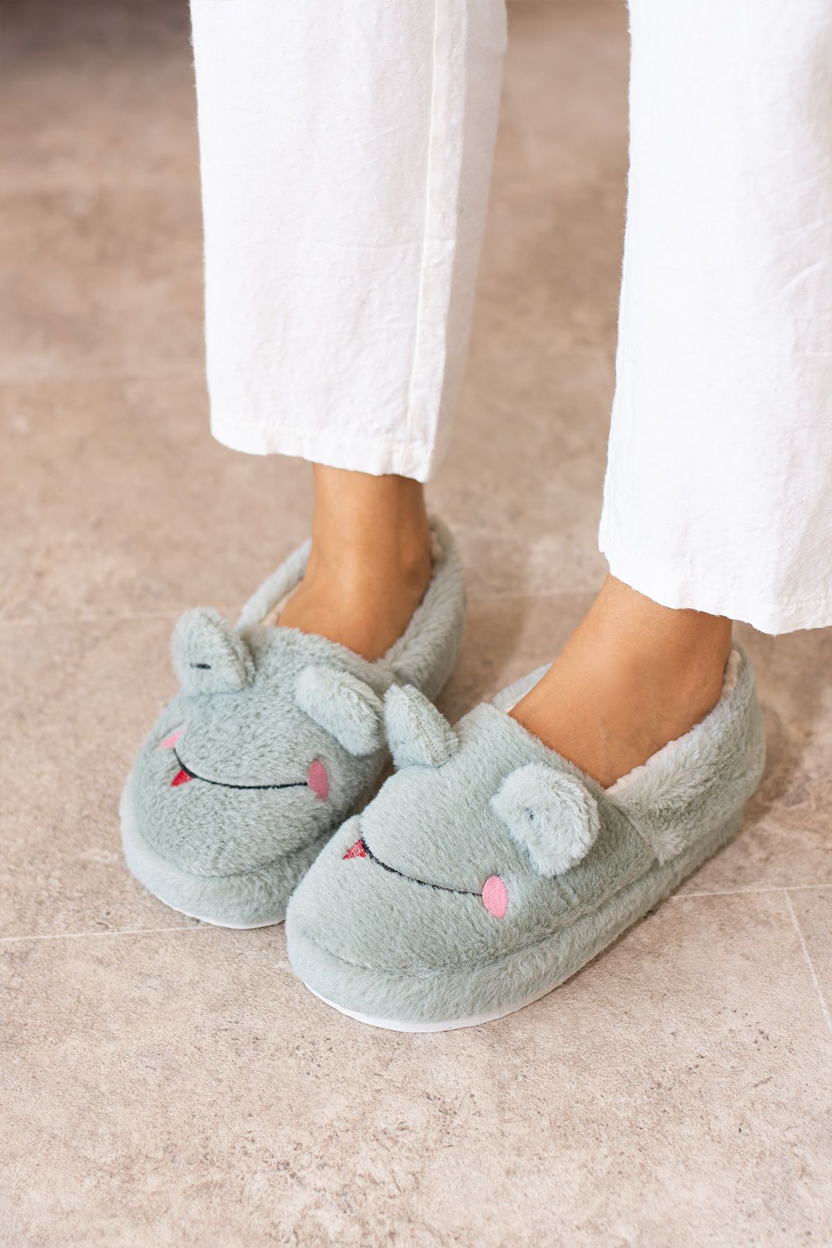 TERLİK HAVUZU-Frog Embroidered Winter Soft Textured Furry Inside Non-Slip Sole Indoor Slippers Home Shoes 2