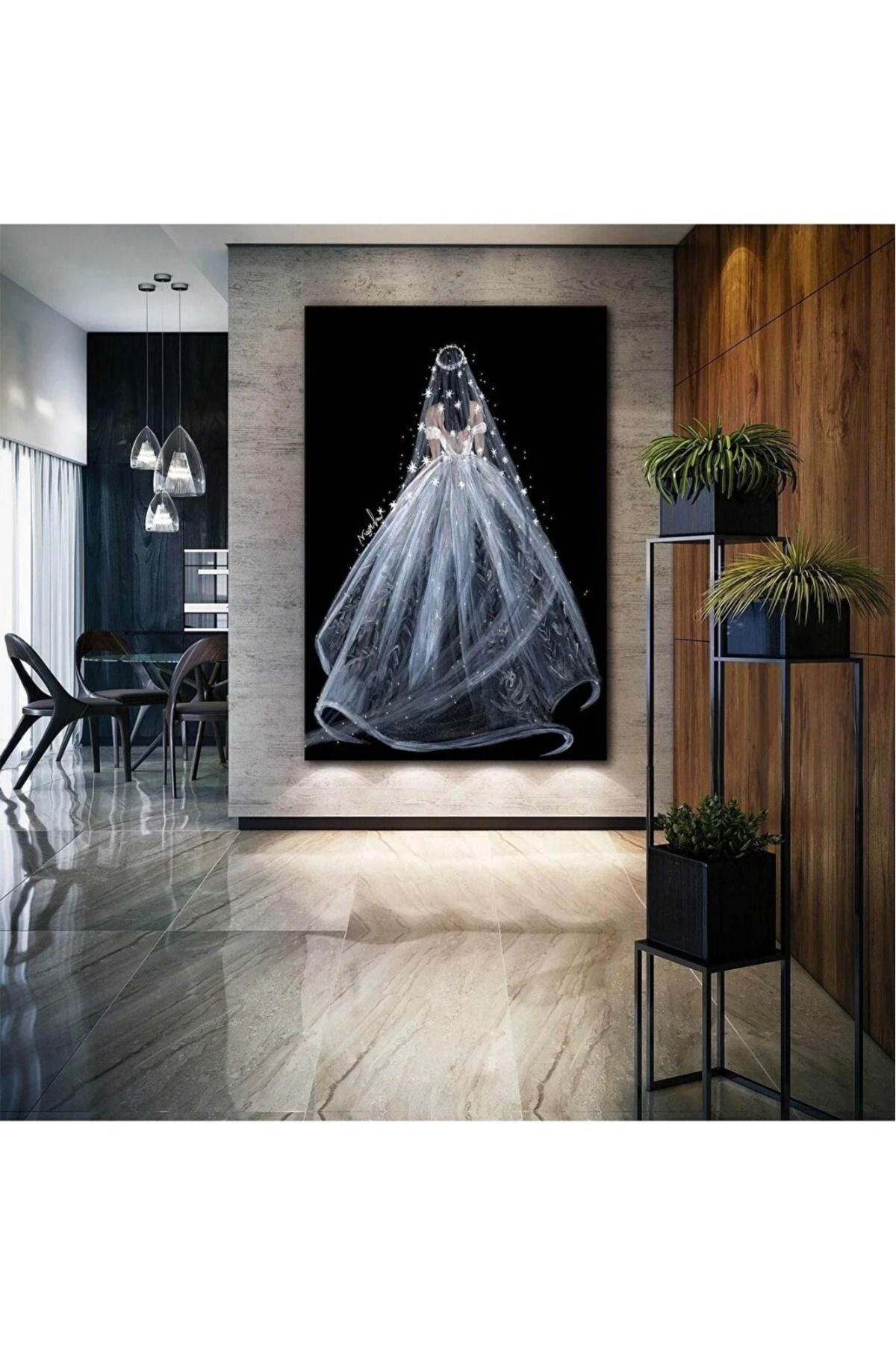 Vividale Sırtı Dönük Beyaz Işıltılı Gelinlik Giymiş Kadın Moda Dekor Gelinlik Kanvas Tablo AR030239