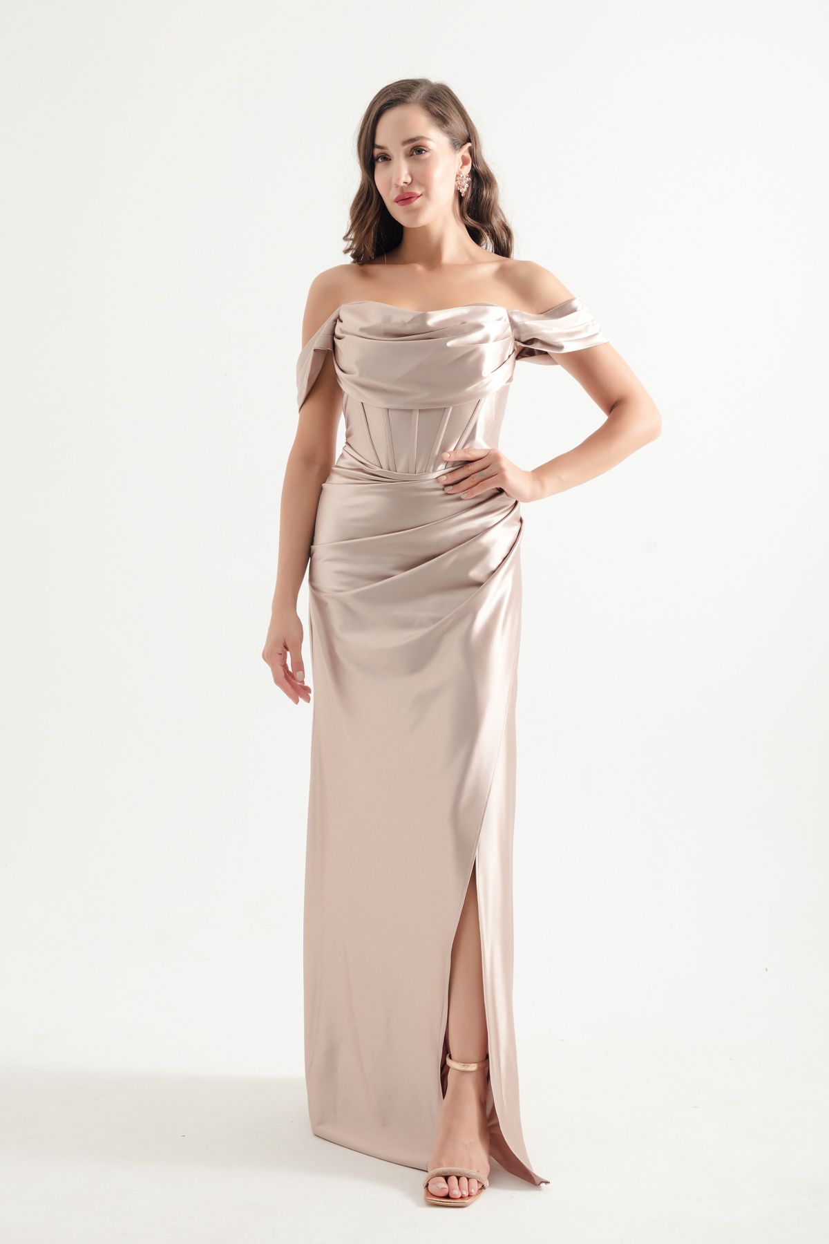 Lafaba-Beige Long Evening Dress - Boat Neck and Slit Detail 2