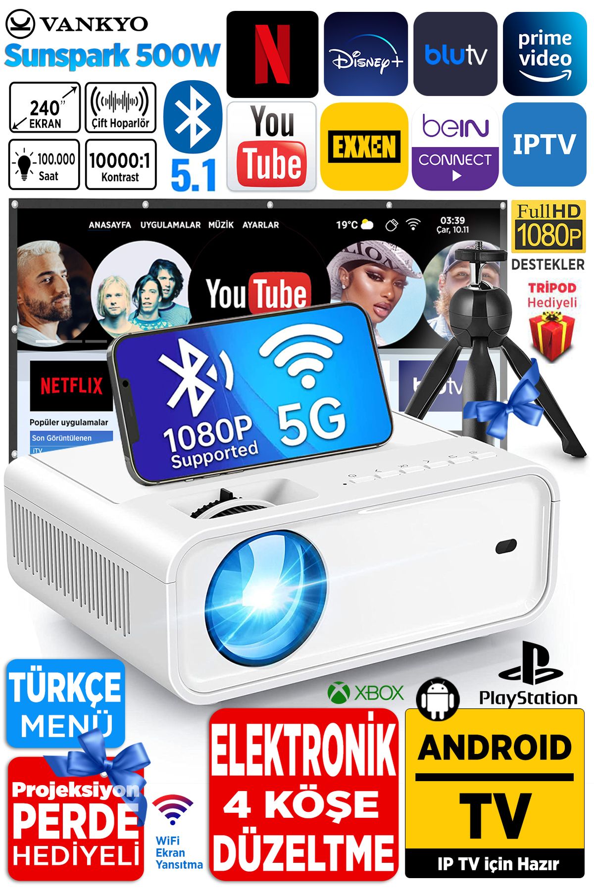 Vankyo Sunspark 500w Android Tv 1080p Destekli Projeksiyon Cihazı 5g Wi-fi 5.1 Bluetooth 240 Inç Yansıtma