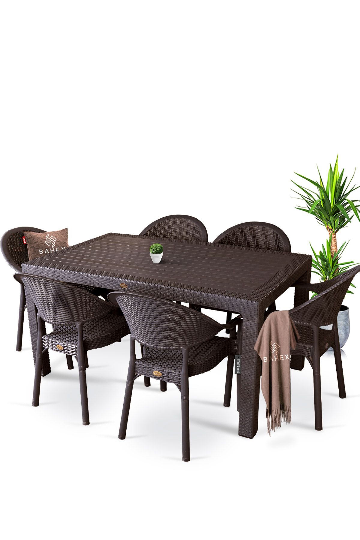 bahex Bambu Pro 90x150cm Rattan Bahçe Balkon Masa Takımı 6 Kişilik Camsız Set Kahverengi