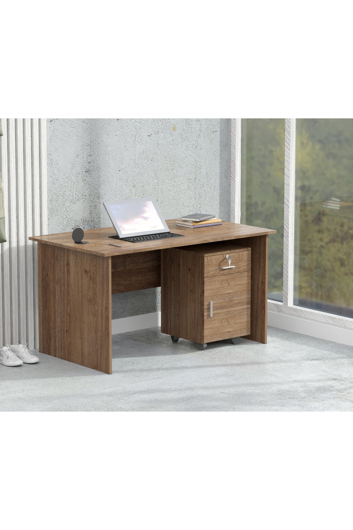 Mahmayi-MP1 160x80 Brown Writing Table With Drawers and Black 51-1H Round Desktop Power Module 4