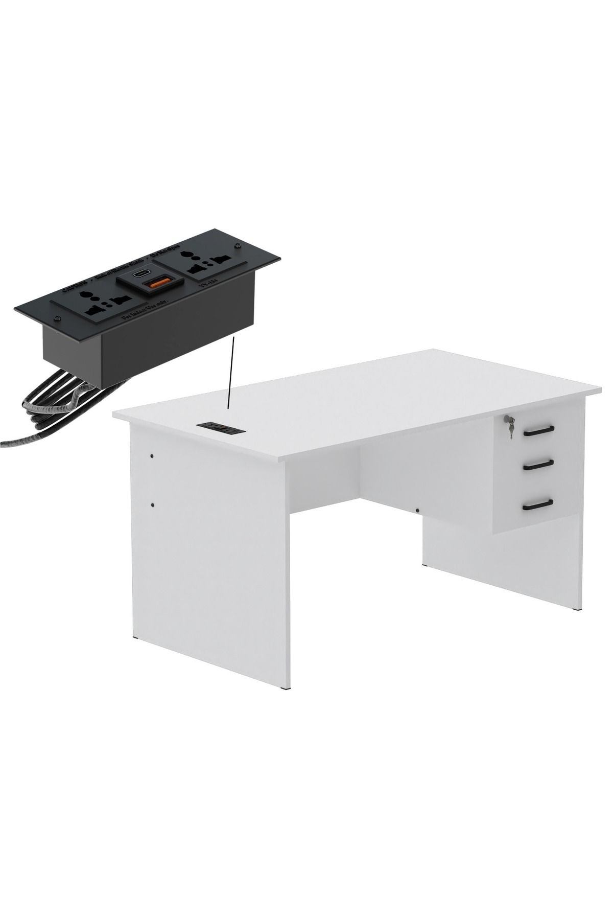 Mahmayi-Writing Table With Hanging Pedestal Attached Desktop Socket With USB AC Port - White 1