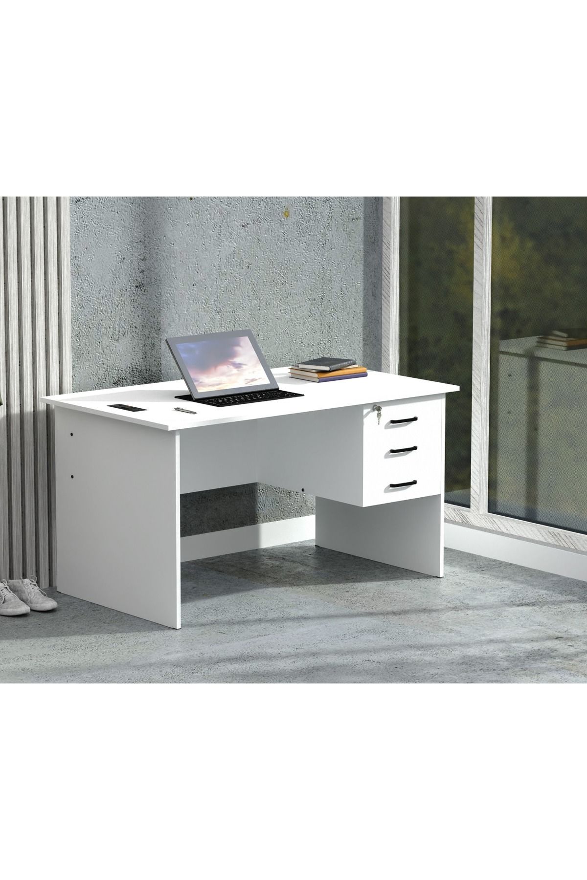 Mahmayi-Writing Table With Hanging Pedestal Attached Desktop Socket With USB AC Port - White 4