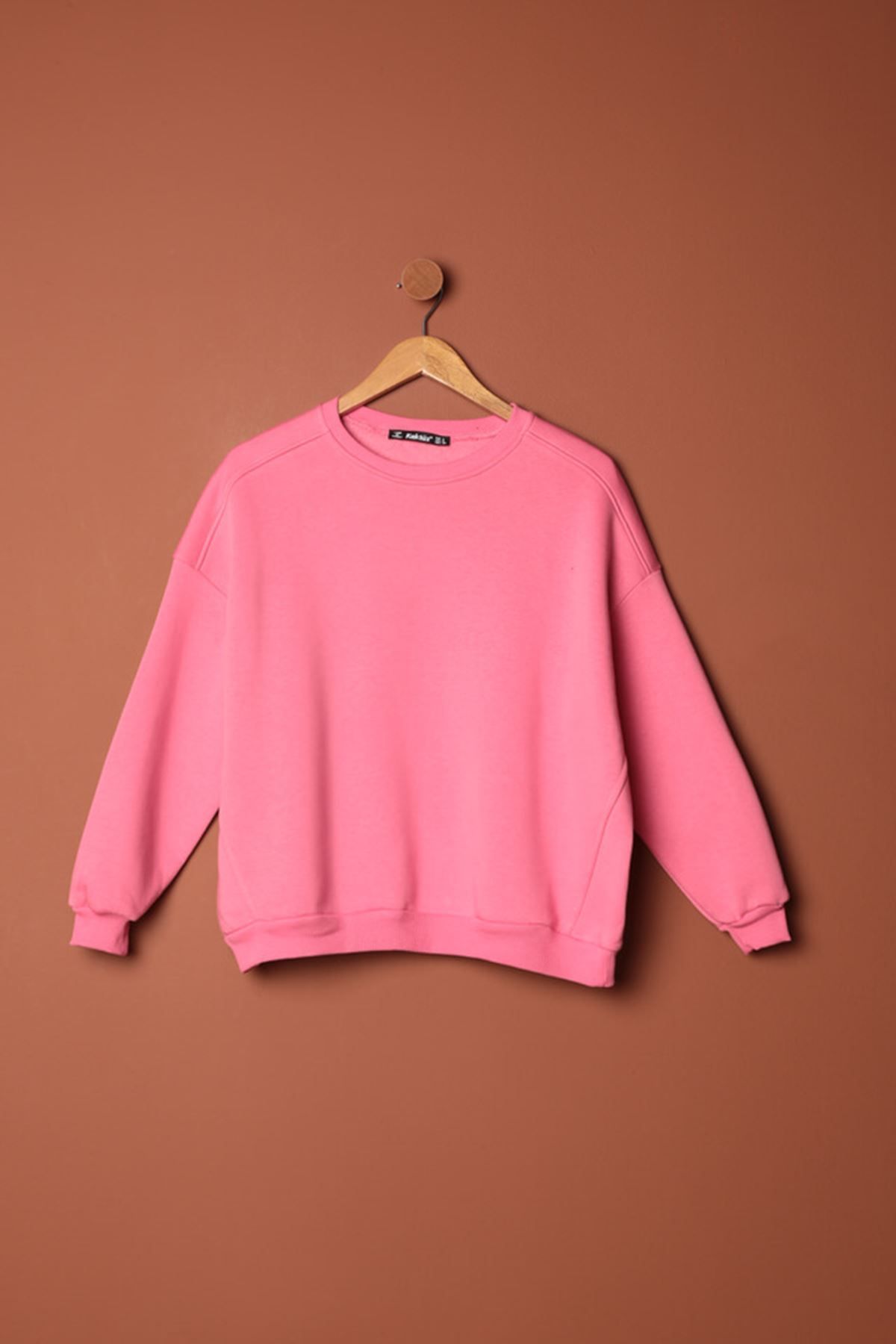 PİNK STAR Üç İplik Sıfır Yaka Çimalı Kadın Pembe Sweat