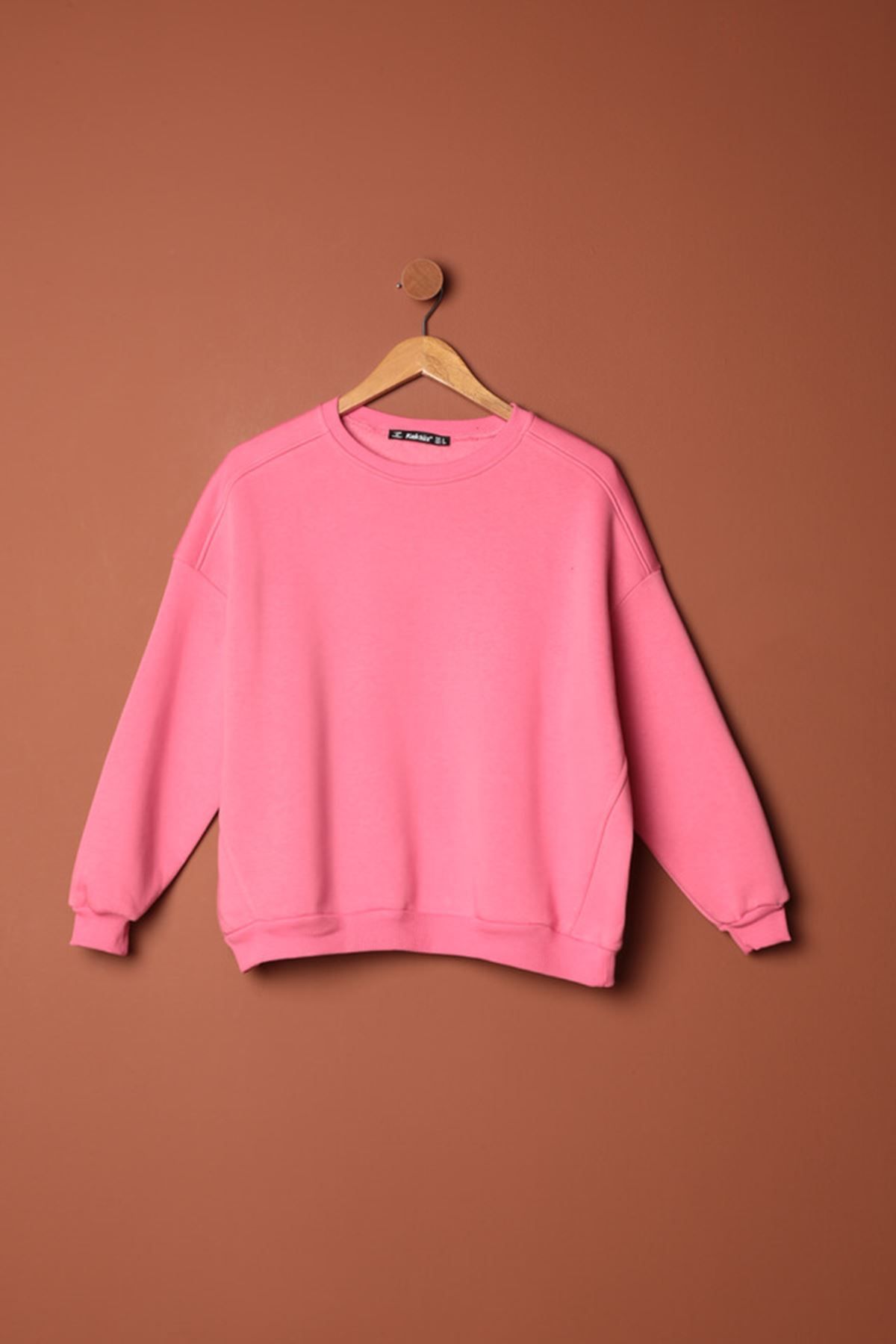 zambakbutik Üç İplik Sıfır Yaka Çimalı Kadın Pembe Sweat