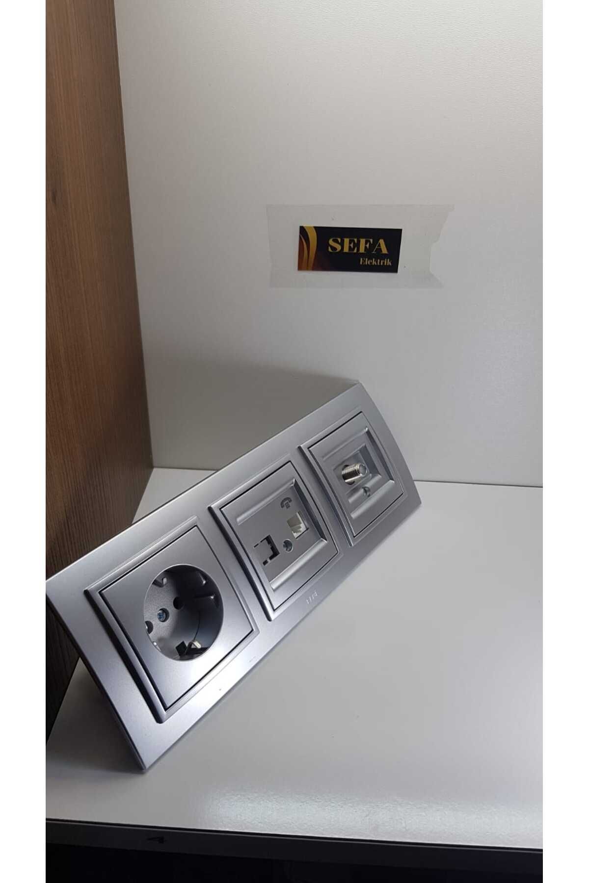 ELBİ-Zena Silverline Series - Metallic Gray, Phone Socket, Satellite Socket, Grounded Socket Framed Triple Suit 2