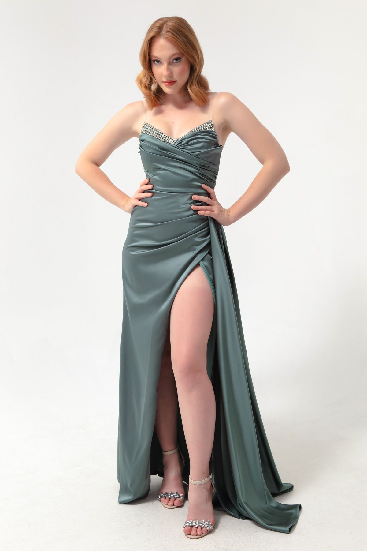 Lafaba-Rochie de seară lungă de damă, verde mentă, piept, piatră 2