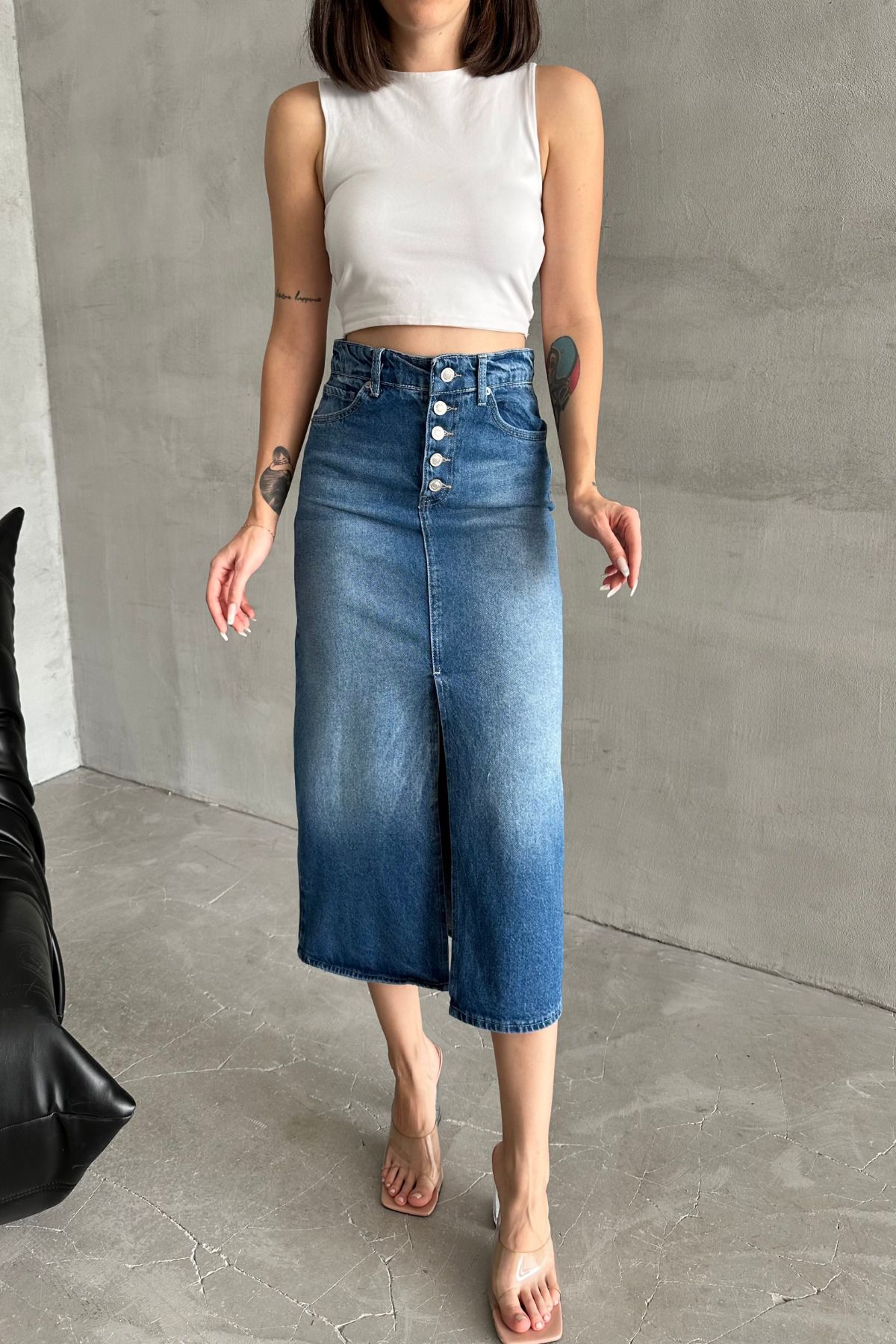 XRAY JEANS-Blugi de damă din bumbac Fusta lungă de blugi albastru deschis cu nasturi 1