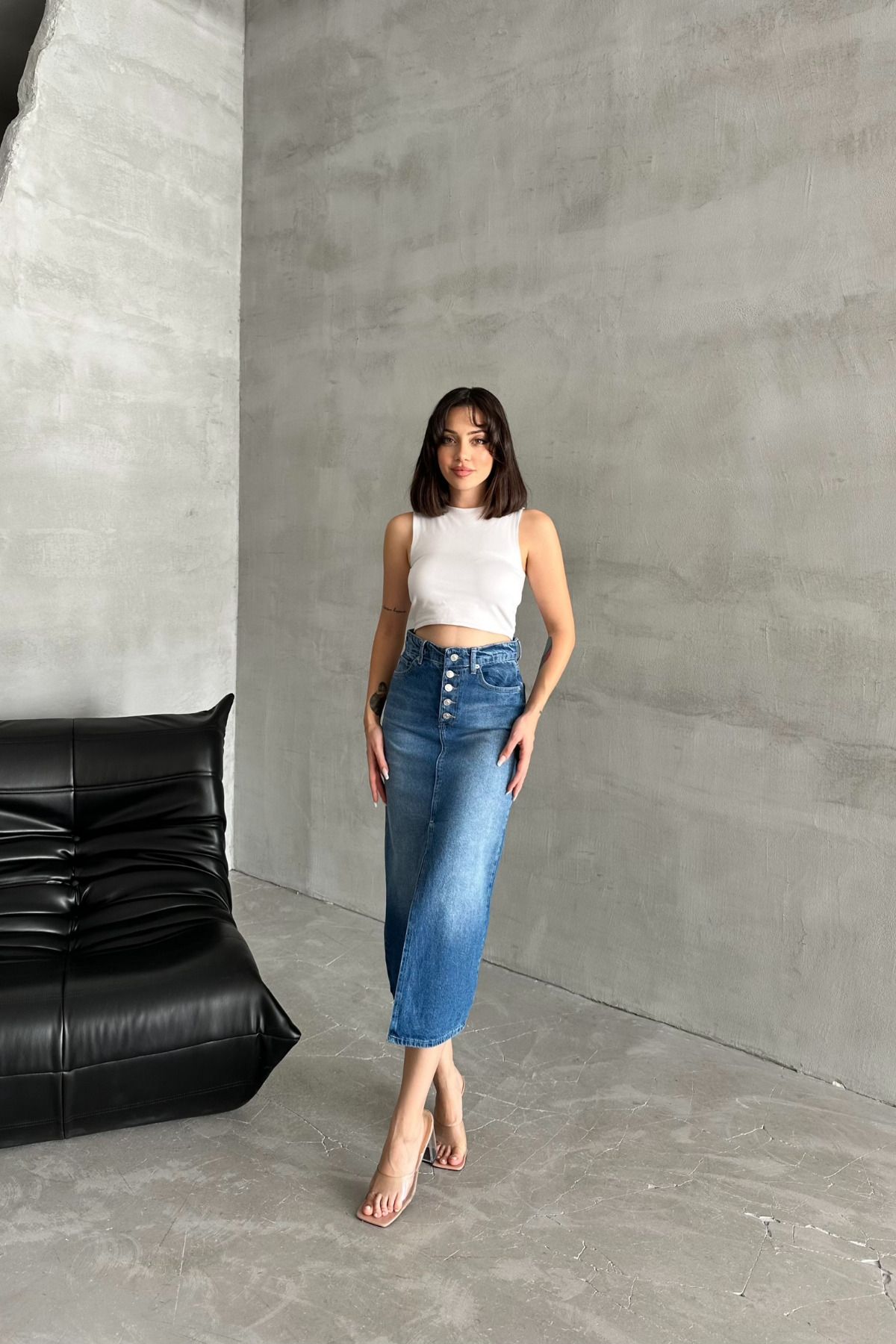 XRAY JEANS-Blugi de damă din bumbac Fusta lungă de blugi albastru deschis cu nasturi 4