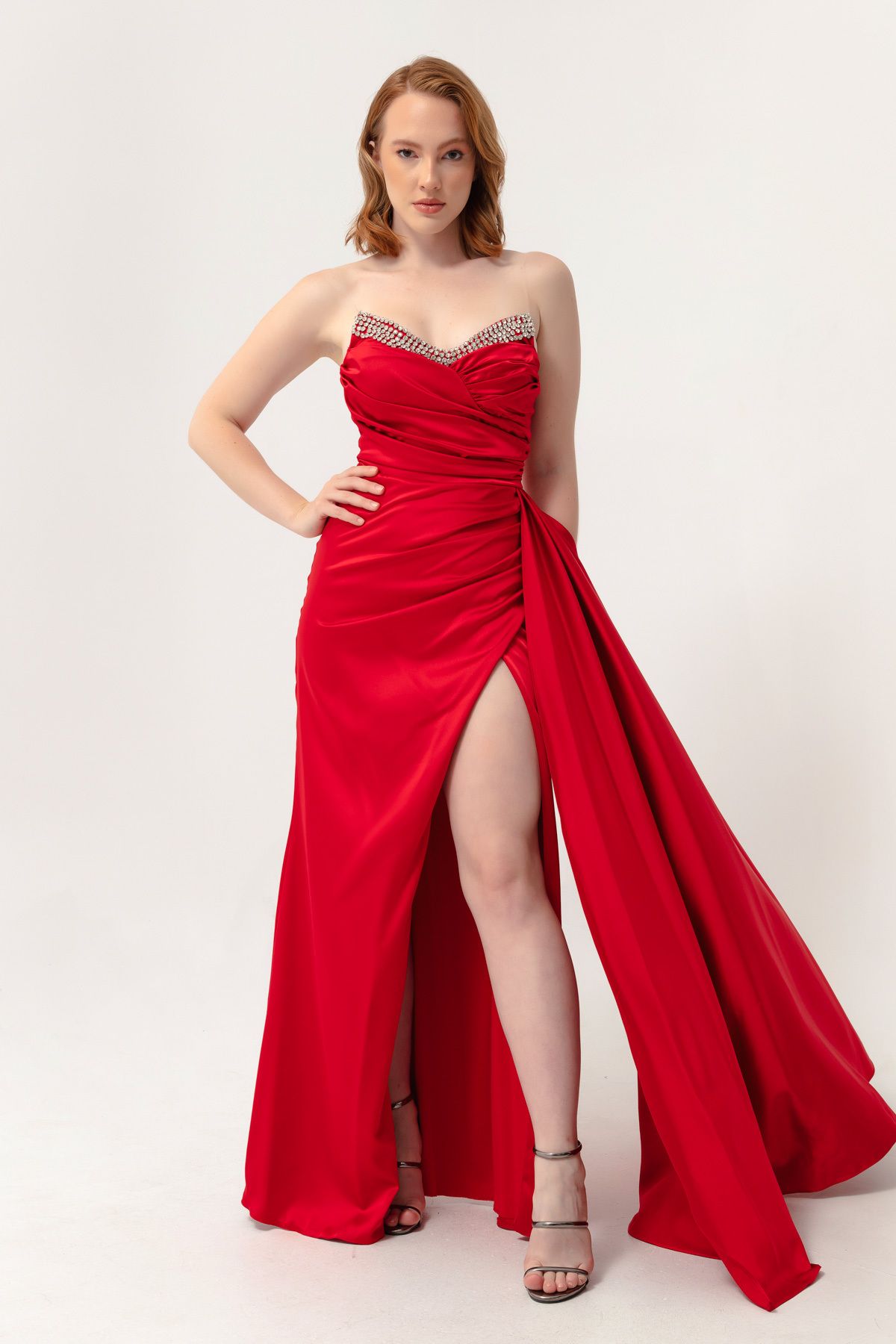 Lafaba-Women's Red Chest Stone Long Evening Dress 4