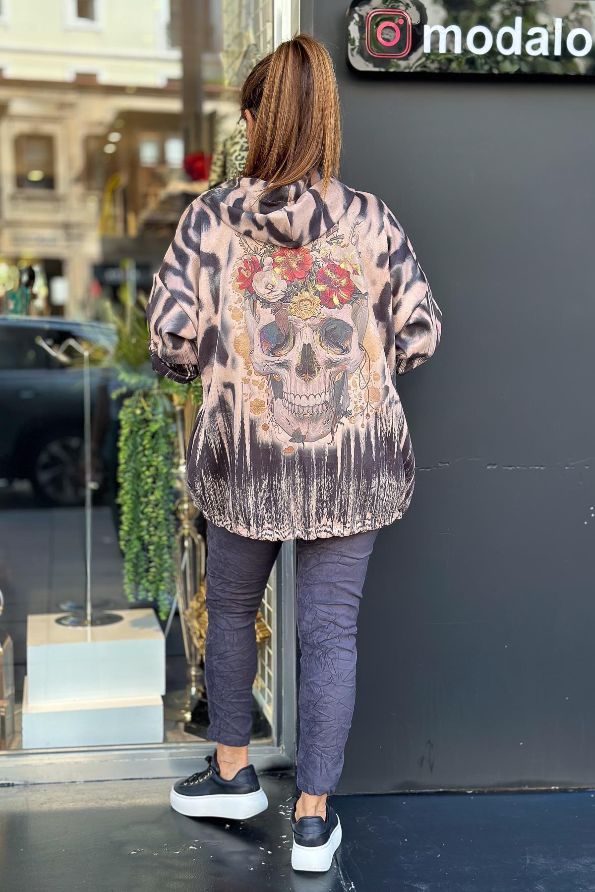 Modalook-Camel Colored Skull Patterned Hooded Chamois Jacket 5