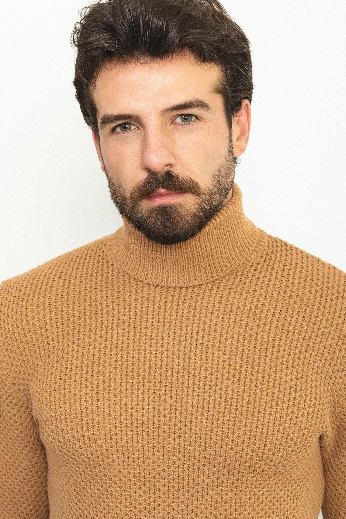 Mcr-Patterned Camel Color Slim Fit Full Turtleneck Wool Men's Sweater 2