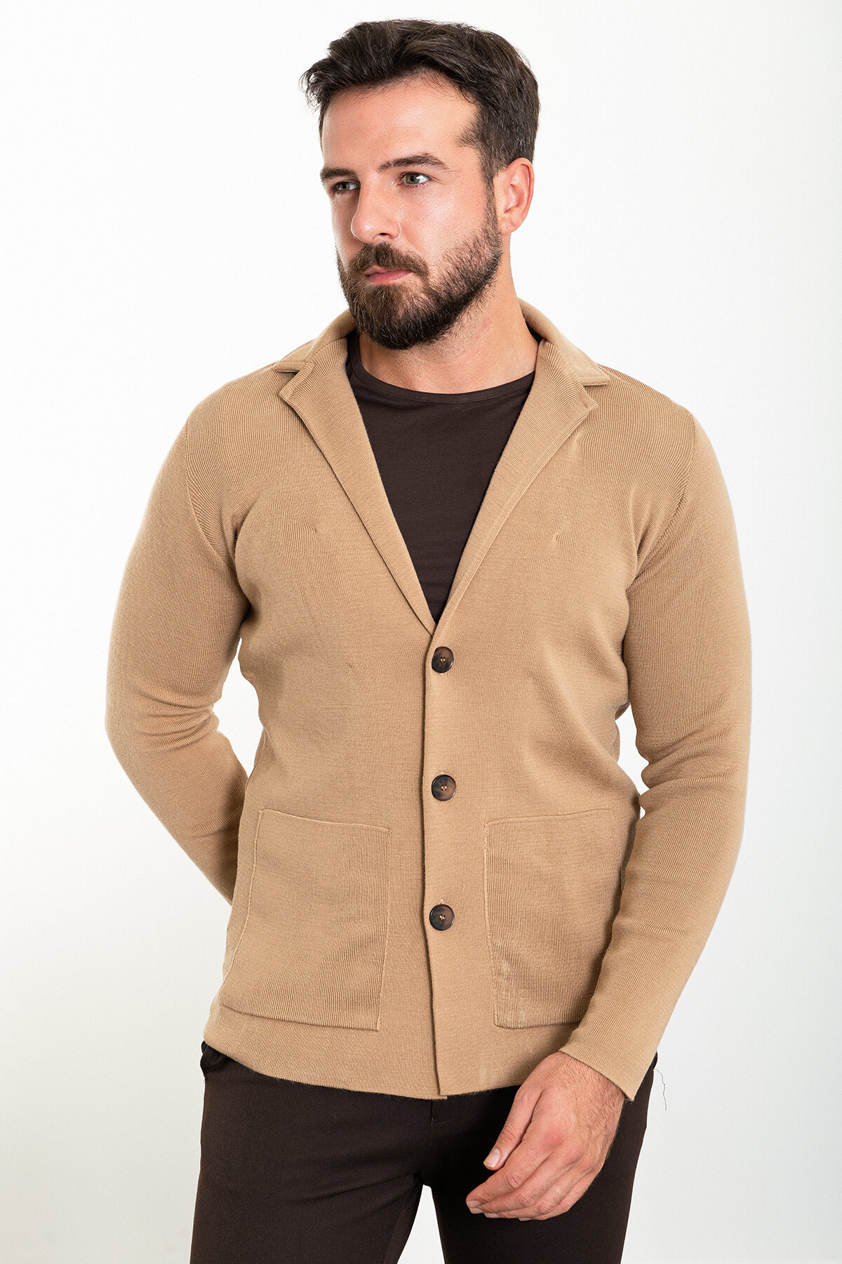 Düz Slim Fit Torba Cep Yün Erkek Triko Ceket Kamel - 11237.23K — رنگارنگ — تصویر 5 از 5