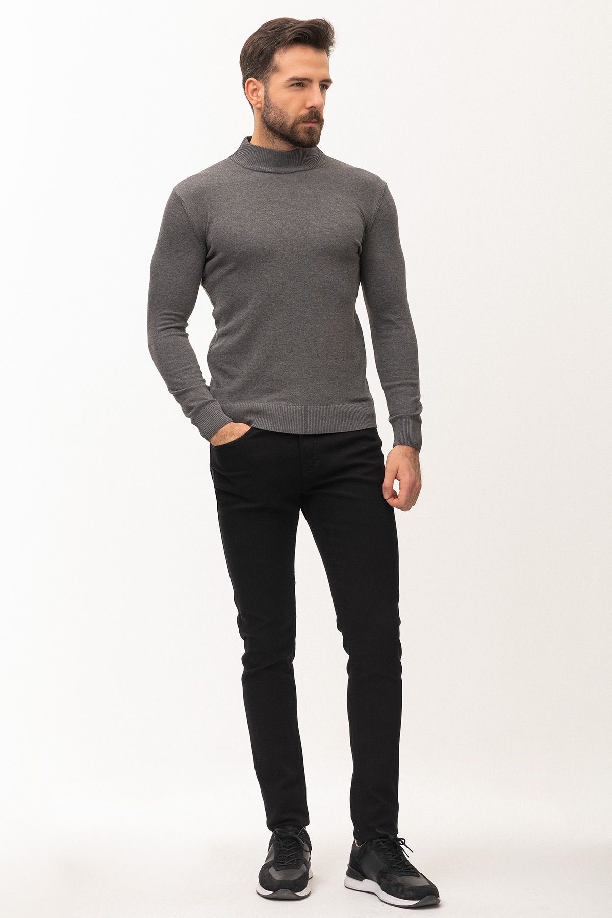 Mcr-Plain Anthracite Color Slim Fit Men's Half Turtleneck Sweater 4