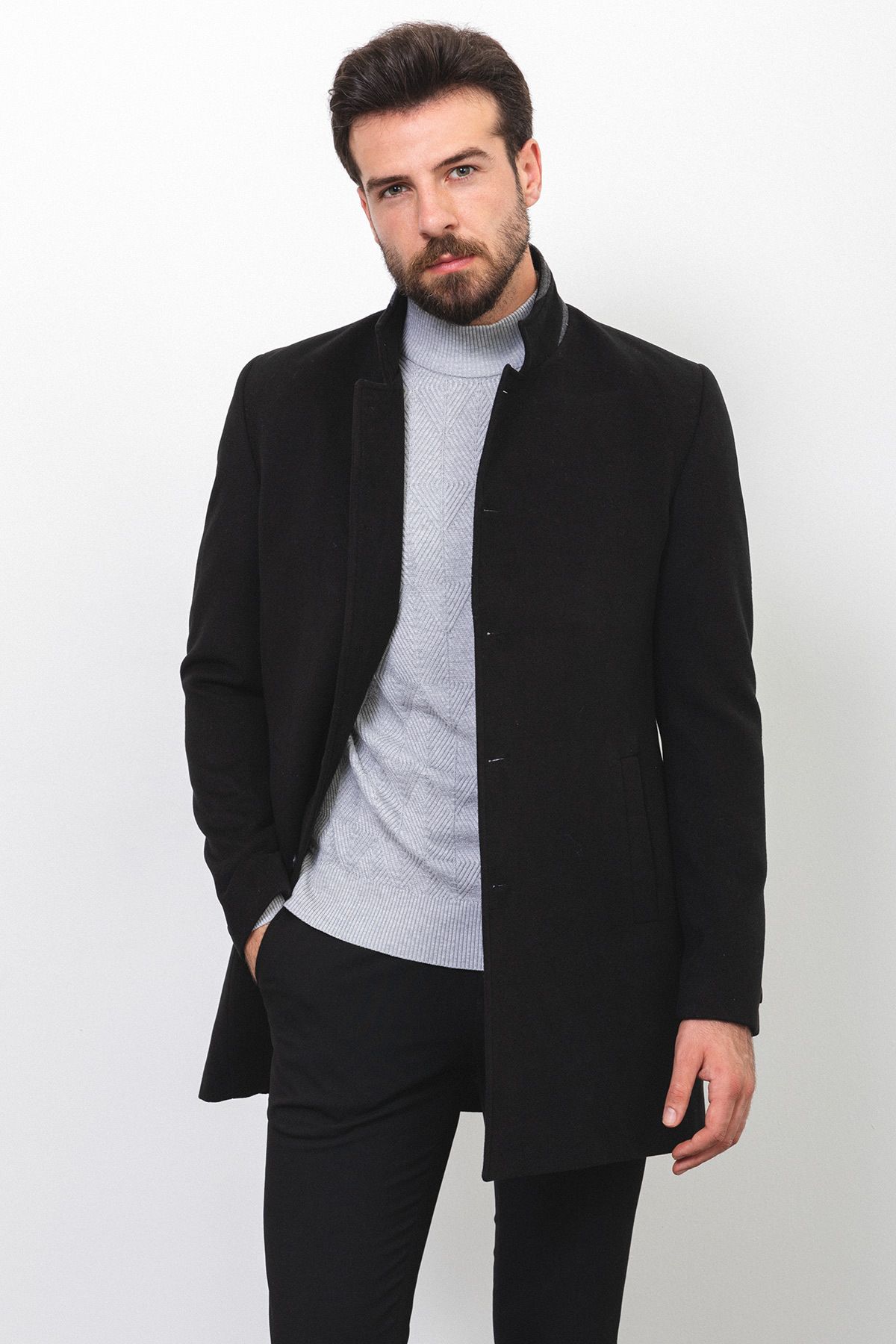Mcr-Plain Black Color Slim Fit Judge Collar Wool Men's Coat 1