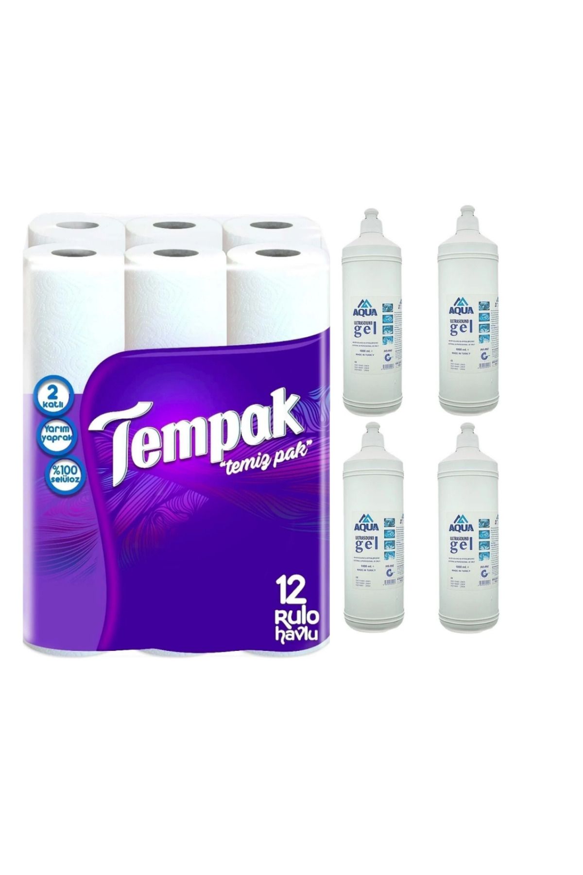 Tempak Aqua Ultrason Jeli 1 Lt 4 Adet - Kağıt Havlu 12 Li 1 Adet Ultrason ve Ekg Seti