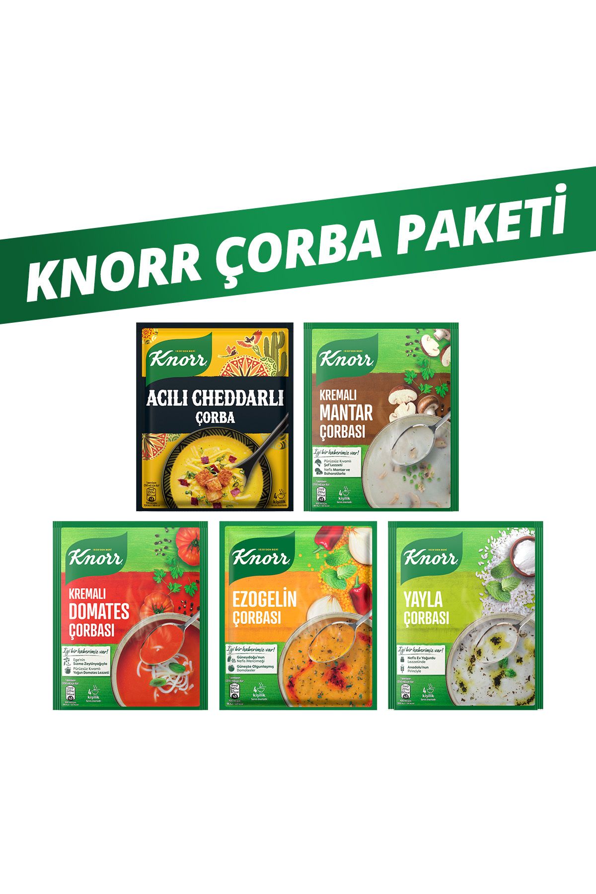 Knorr Acılı Cheddarlı Çorba 74g + Ezogelin 74g + Kr Domates 69g + Yayla 72g + Kremalı Mantar 63g