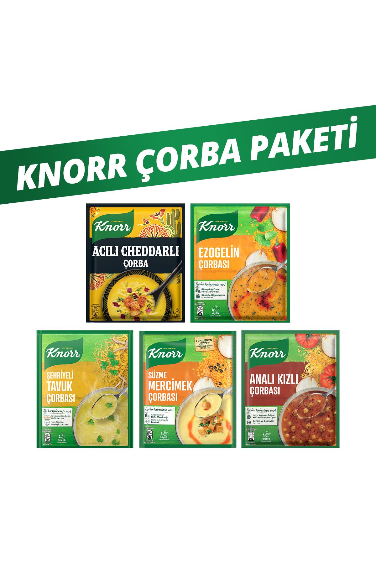 Knorr Acılı Cheddarlı Çorba 74g + Ezogelin 74g+ Şehriyeli Tavuk 51g + Mercimek 76g + Analı Kızlı 70g