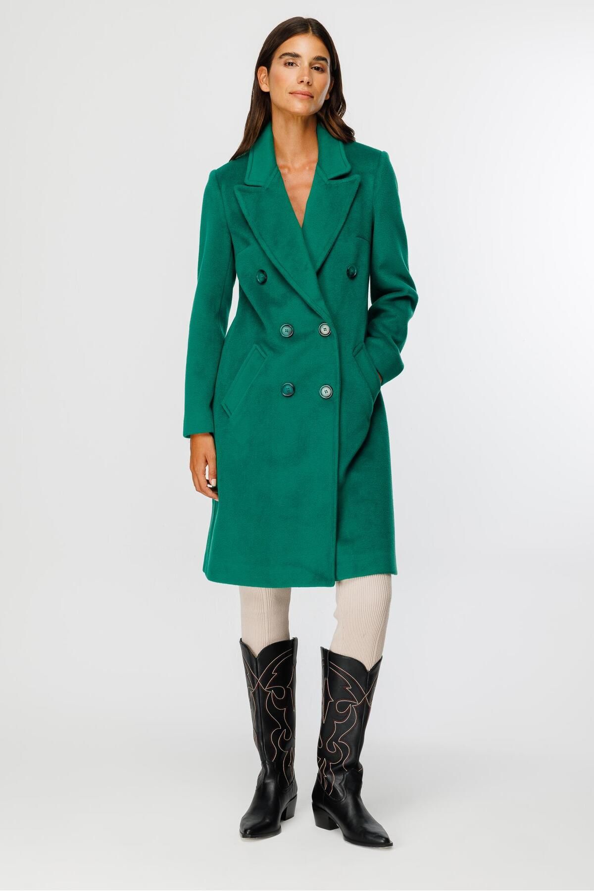 Moda İlgi-Green Double Breasted Coat - Modailgi Plain Stamp 4