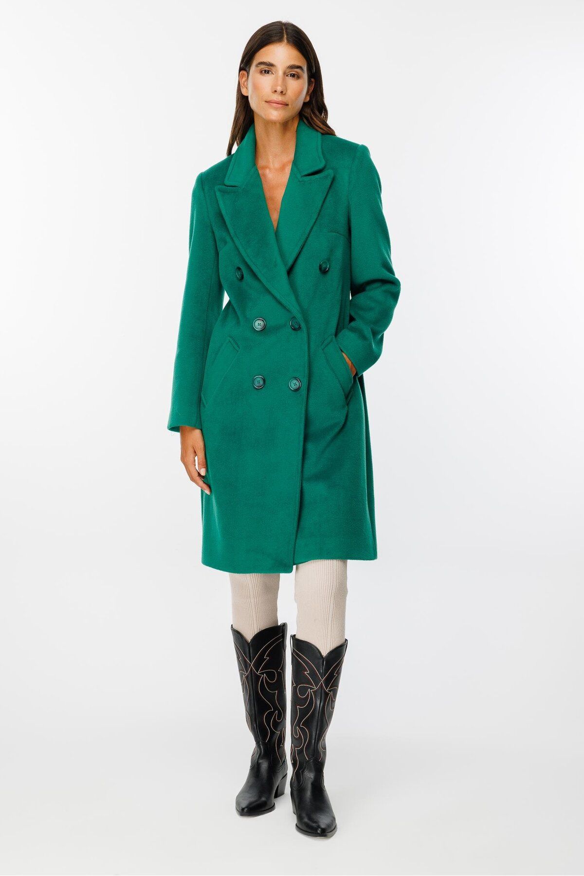 Moda İlgi-Green Double Breasted Coat - Modailgi Plain Stamp 1