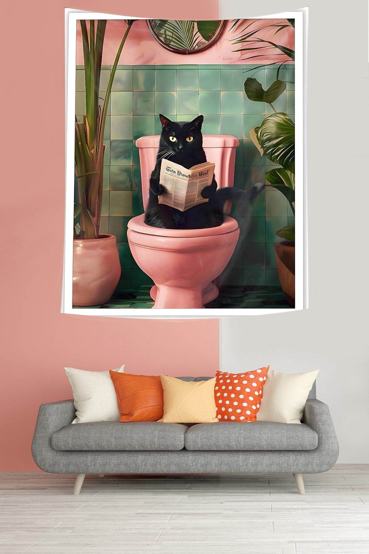 Latibule-Cat Reading Newspaper in the Toilet Stain Resistant Fabric Wall Cloth Wall Carpet Tapestry 2