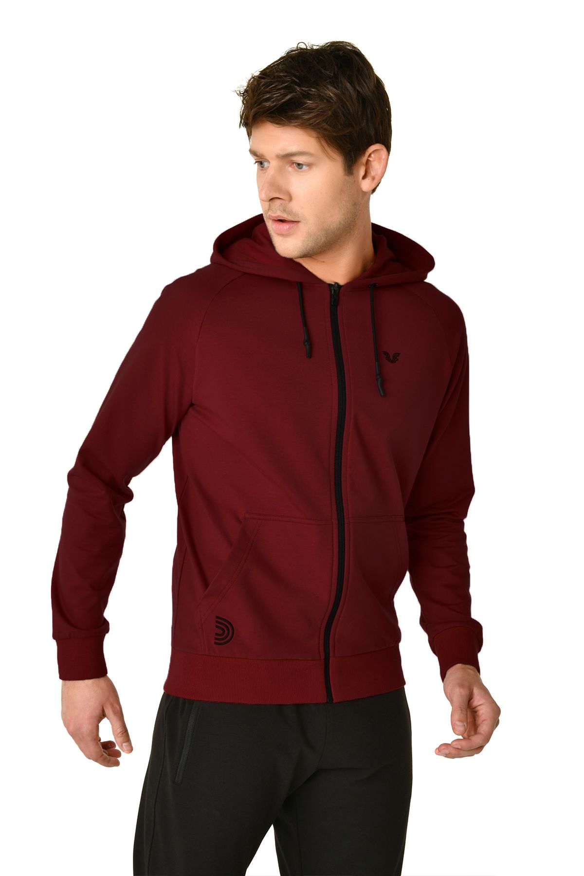 bilcee-Men's Burgundy Hooded Kangaroo Pocket Zippered Sports Casual Bottom Top Tracksuit Set 8241 1