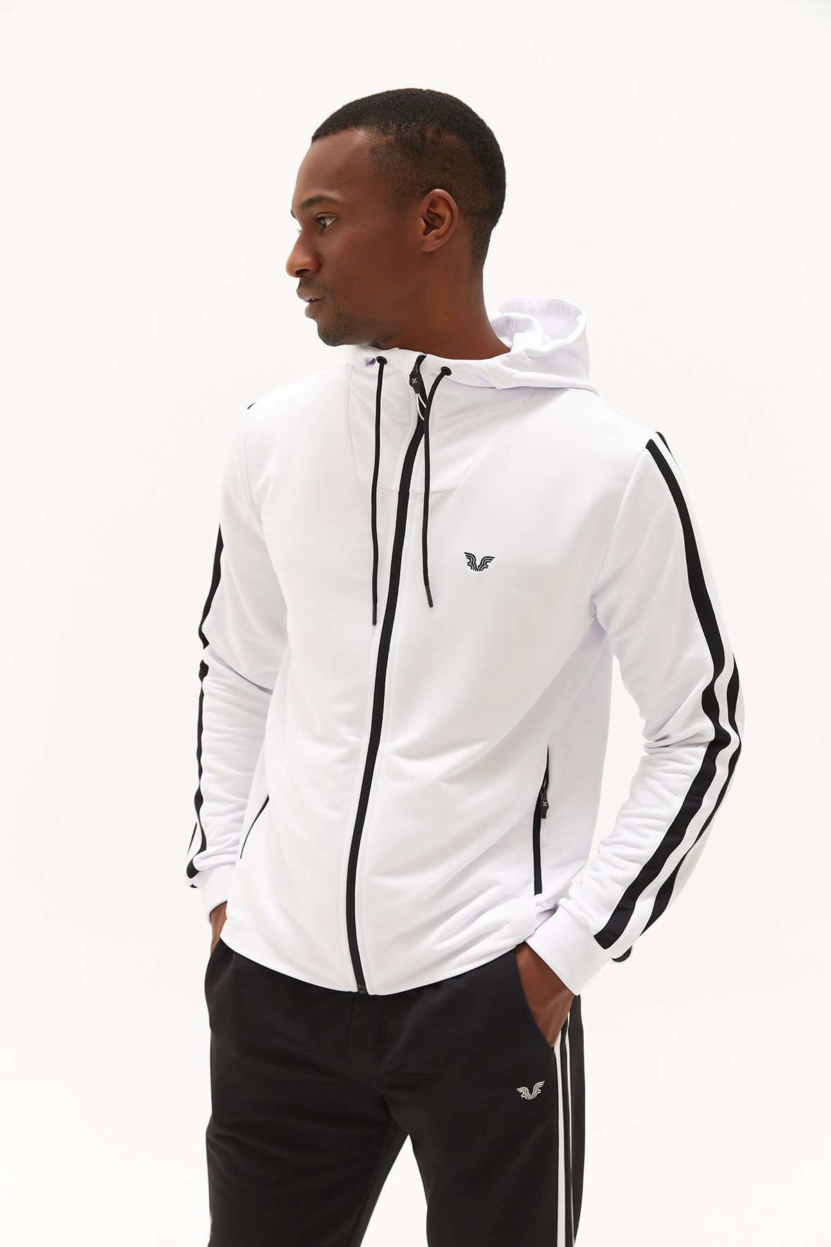 bilcee-White Men's Tracksuit Set - Hooded, Pocketed and Zippered Sports and Daily Use 0755 6