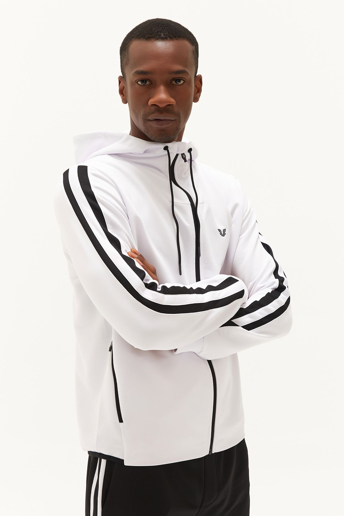 bilcee-White Men's Tracksuit Set - Hooded, Pocketed and Zippered Sports and Daily Use 0755 7