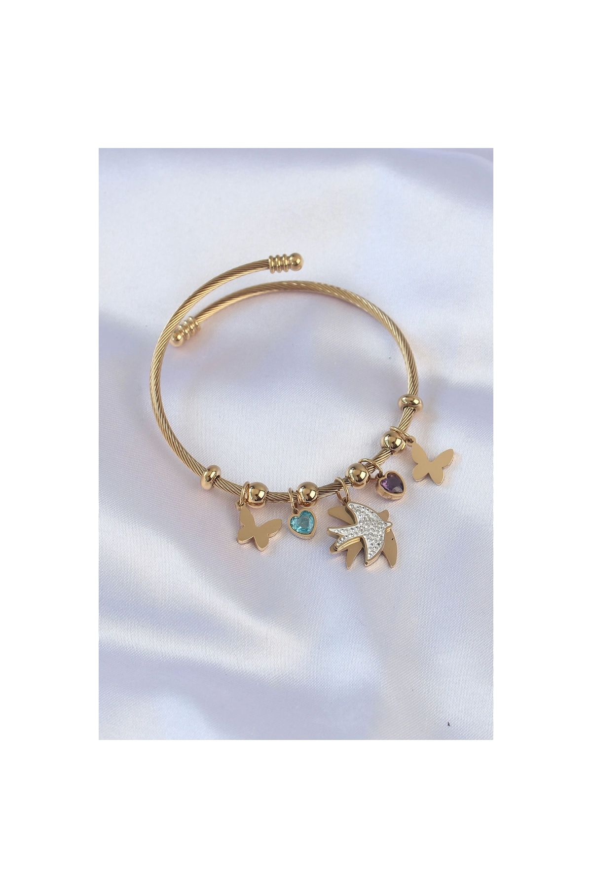 Narnuga 316L Çelik Gold Renk Zirkon Taşlı Minimal Kalp Detay Kelebek Charm Bileklik - TJ-BB6091