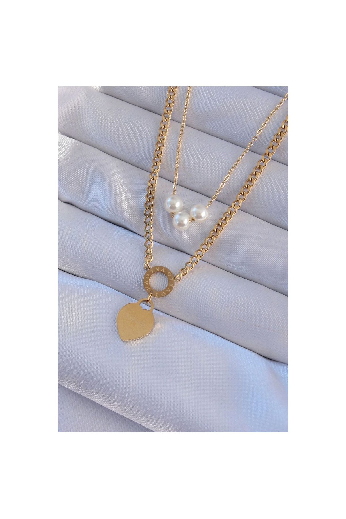 Narnuga 316L Çelik Gold Renk Çift Zincir İnci Detayı Love Kalp Kolye - TJ-BKO8939