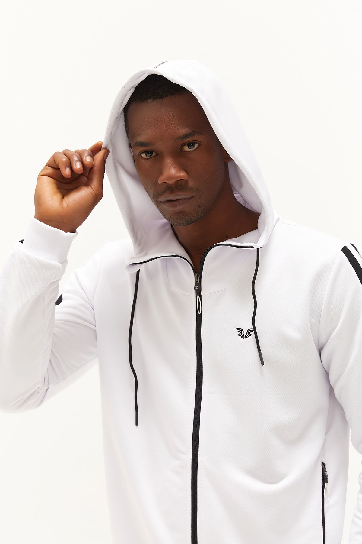 bilcee-White Men's Tracksuit Set - Hooded, Pocketed and Zippered Sports and Daily Use 0755 5