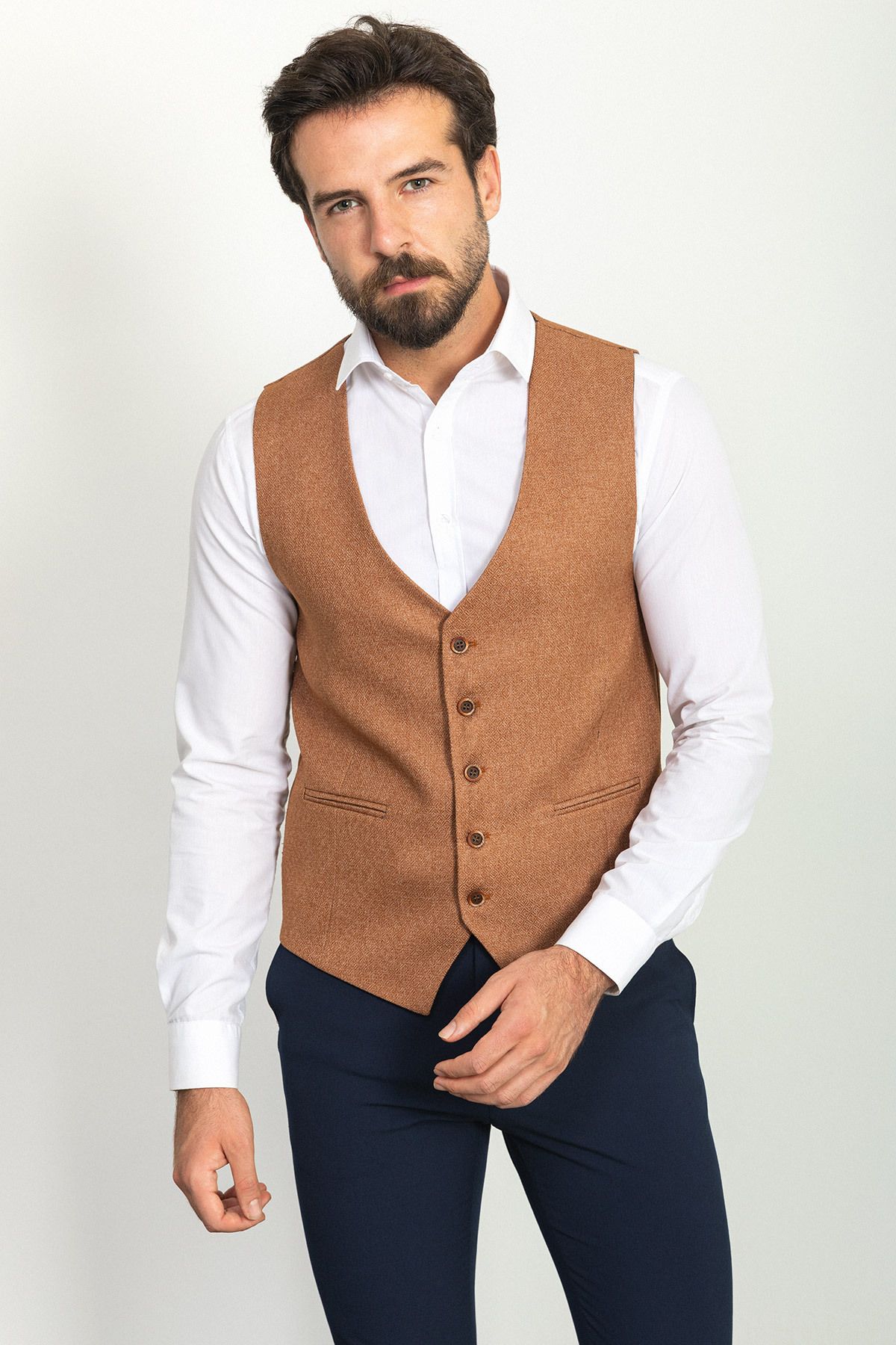 Mcr-Patterned Camel Color Slim Fit Classic Wool Men's Vest 3