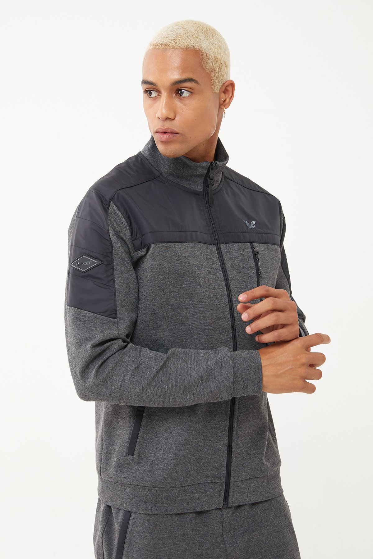 bilcee-Men's Anthracite Zippered and Kangaroo Pocket Stand Collar Raised Tracksuit Top 2012 2