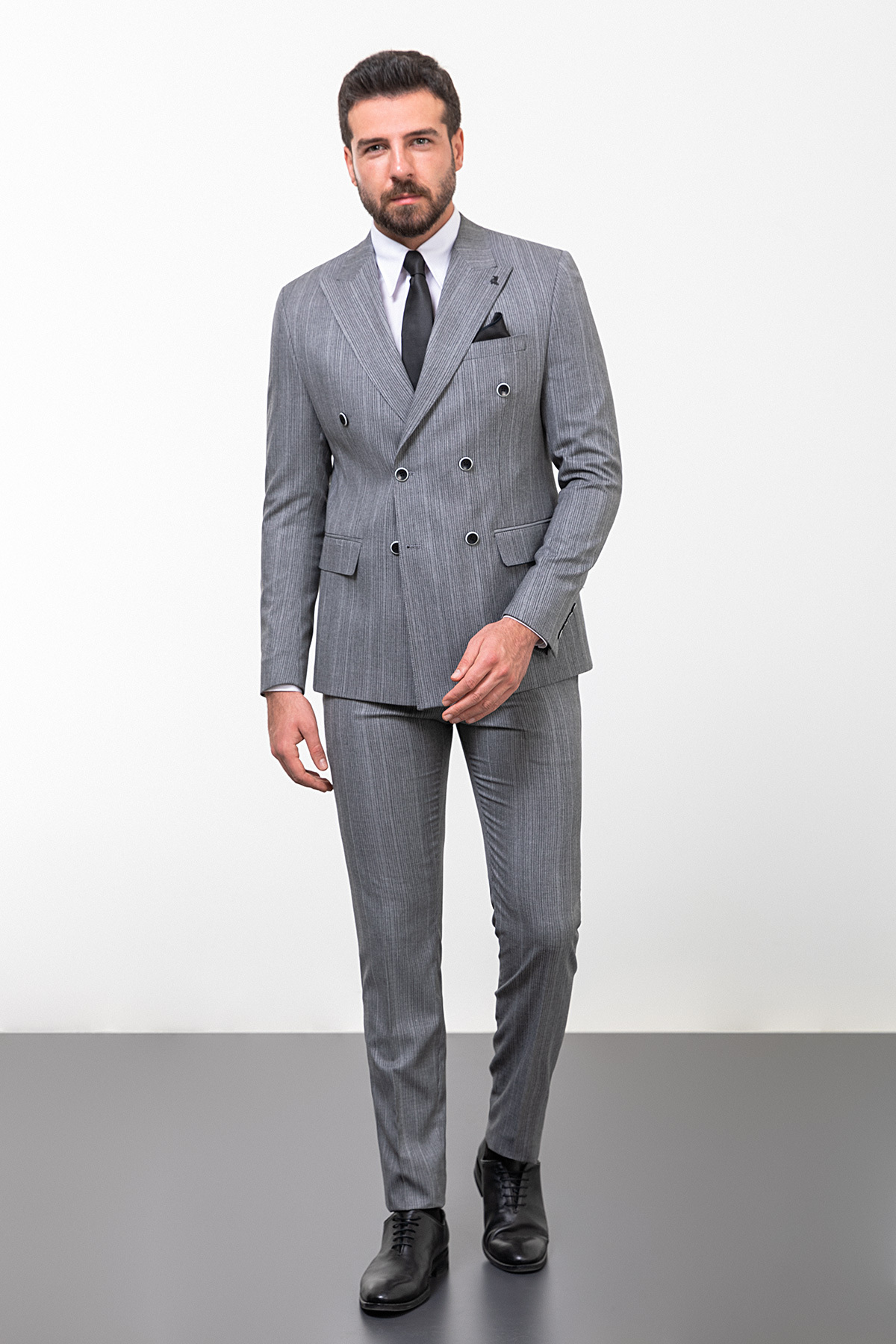 Çizgili Slim Fit Kruvaze Erkek Takım Elbise Gri - 45254.23K — رنگارنگ — تصویر 4 از 8