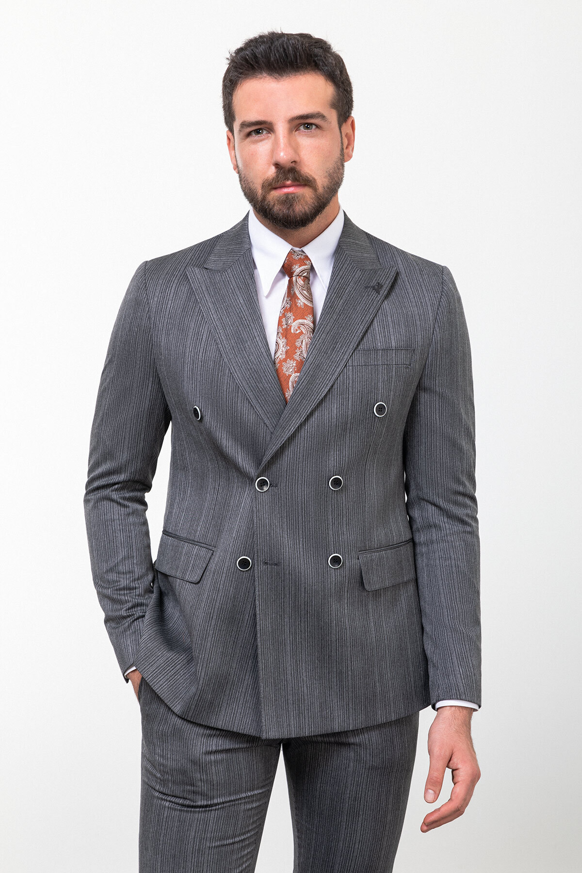 Mcr Çizgili Slim Fit Kruvaze Erkek Takım Elbise Siyah - 45254.23K