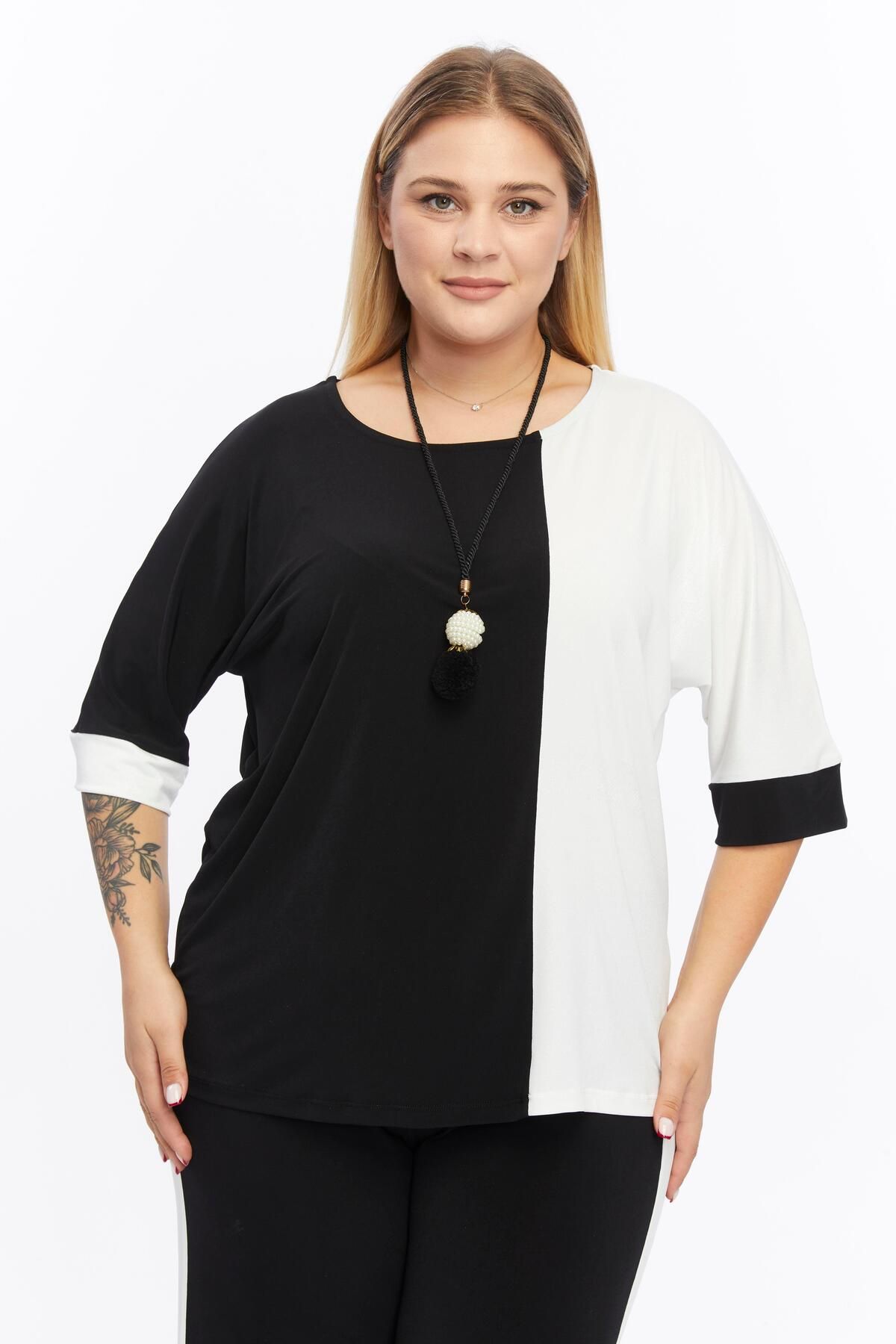 Zer Otantik-Bluză Plus Size cu pandantiv în două culori negru-ecru 2