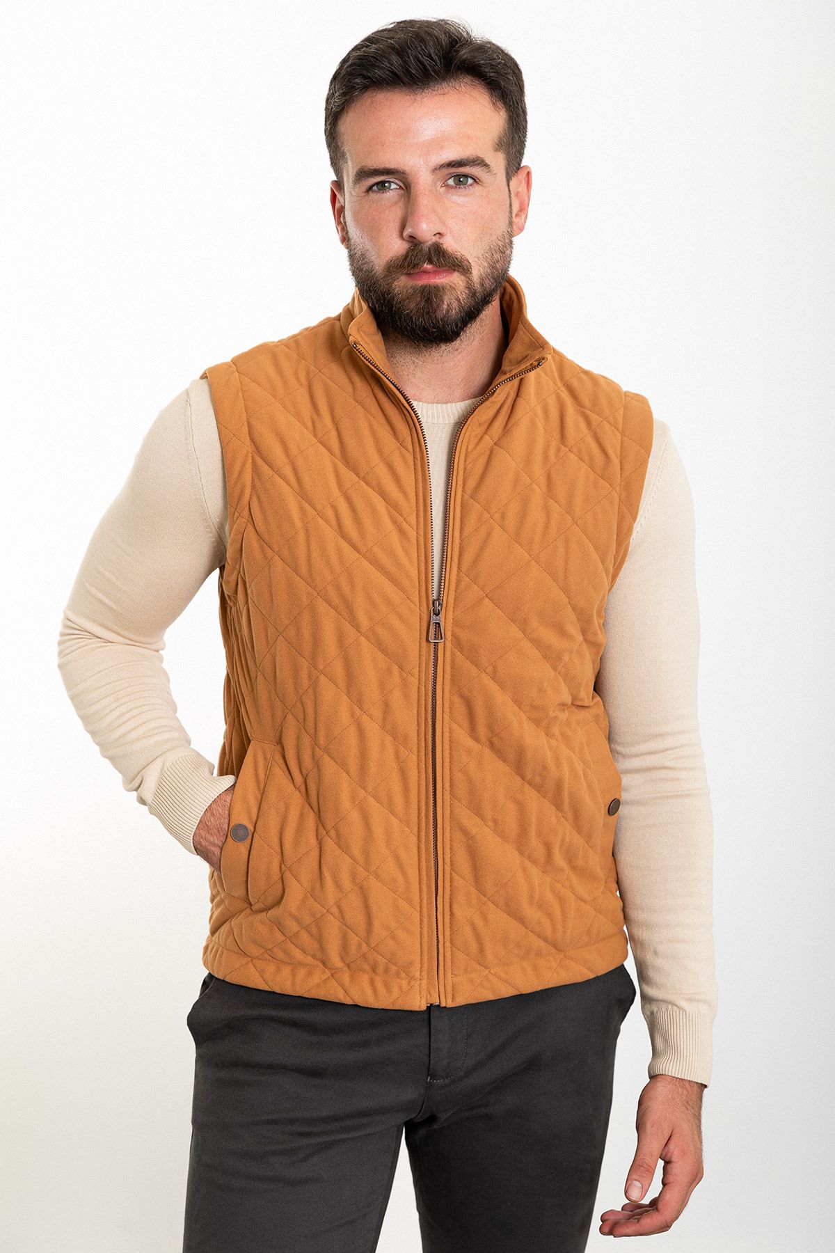 Mcr-Quilted Camel Color Slim Fit Judge Collar Men's Vest 2