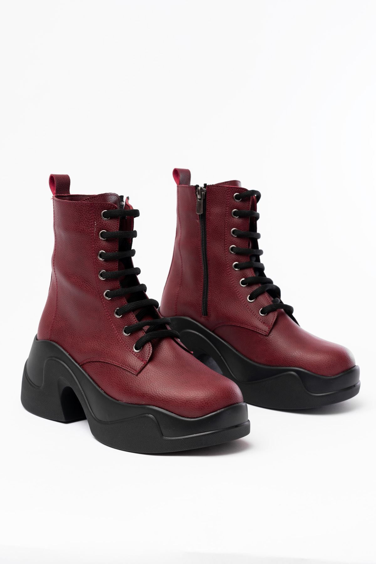 Home-Fz-2550 Claret Red High-Sole Lace-Up Zippered Daily Women's Boots 4