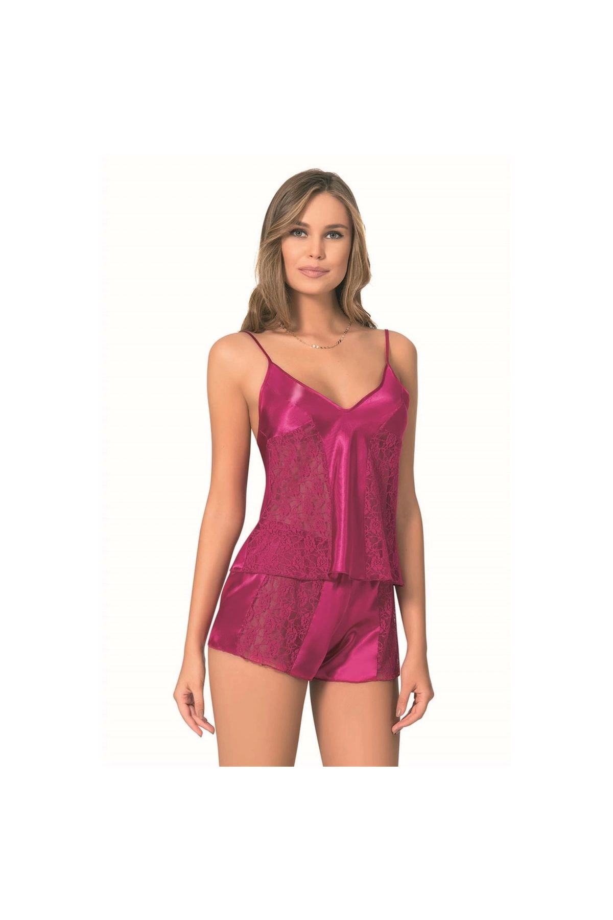 MİRALİVE MİRAXX Vişne Saten Babydoll Şort Takımı