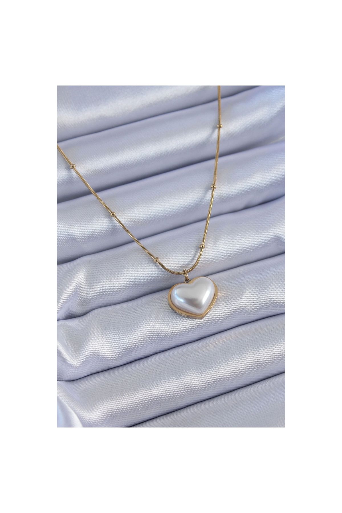 Narnuga 316L Çelik Gold Renk İncili Kalp Model Minimal Top Detay Kadın Kolye - TJ-BKO7615