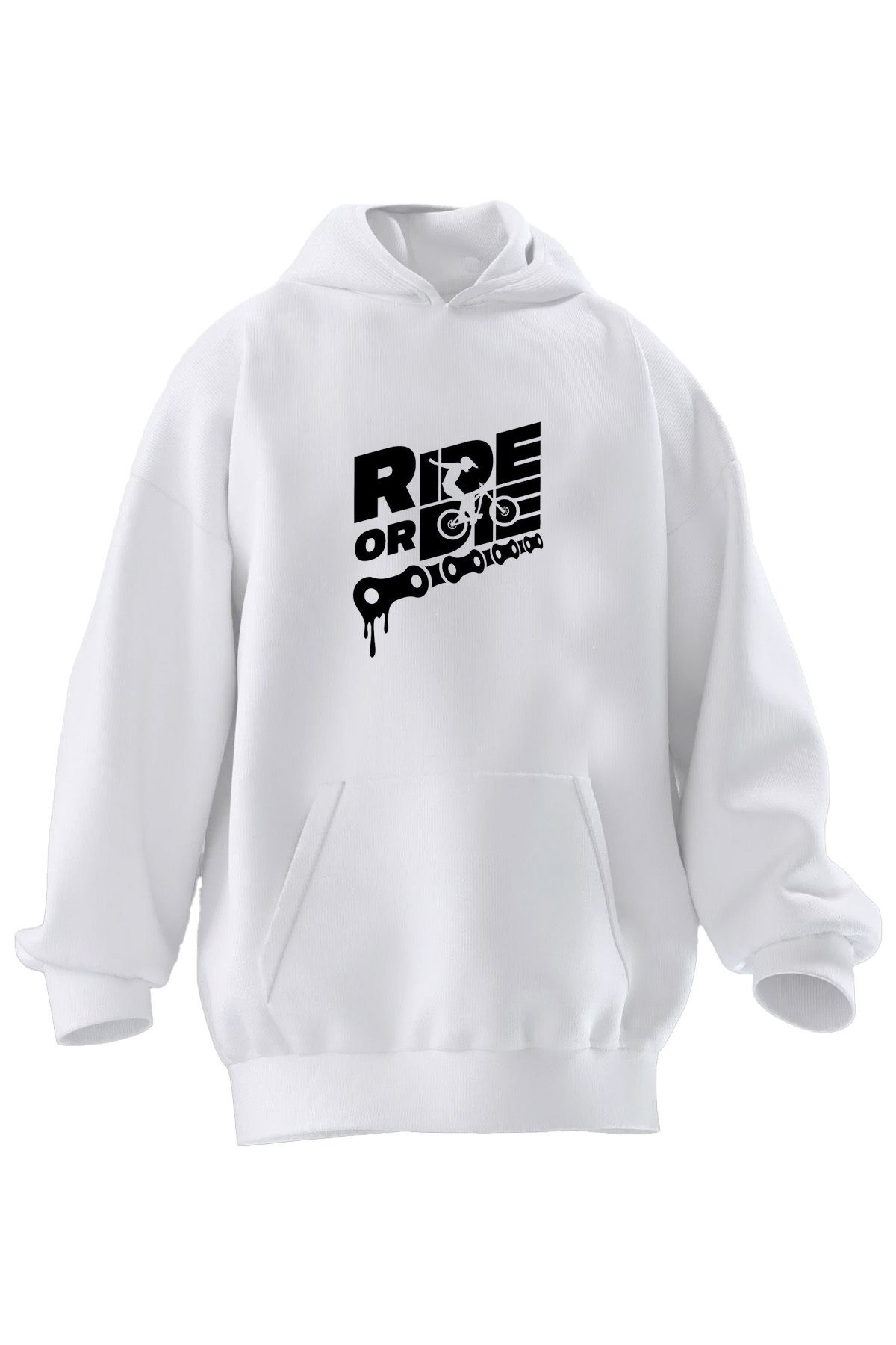 NMG TEKSTİL Hanorac Cu Glugă Unisex Din Bumbac Premium Alb Ride Moto Imprimat Cu 3 Fire Unisex - S