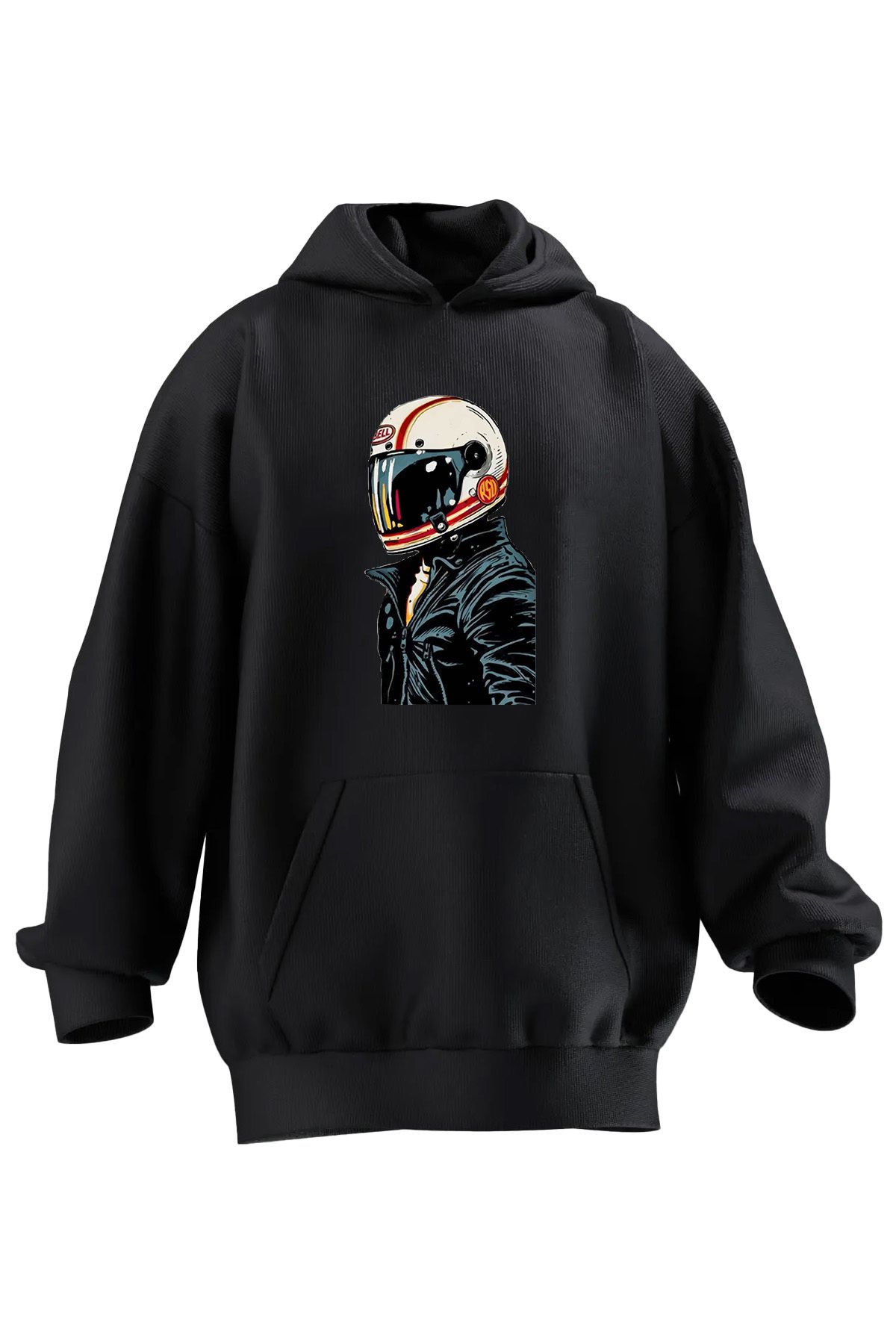NMG TEKSTİL Unisex Premium Pamuk Siyah  Deri Montlu Kasklı Motorcu Baskılı 3 İplik Kapüşonlu Sweatshirt