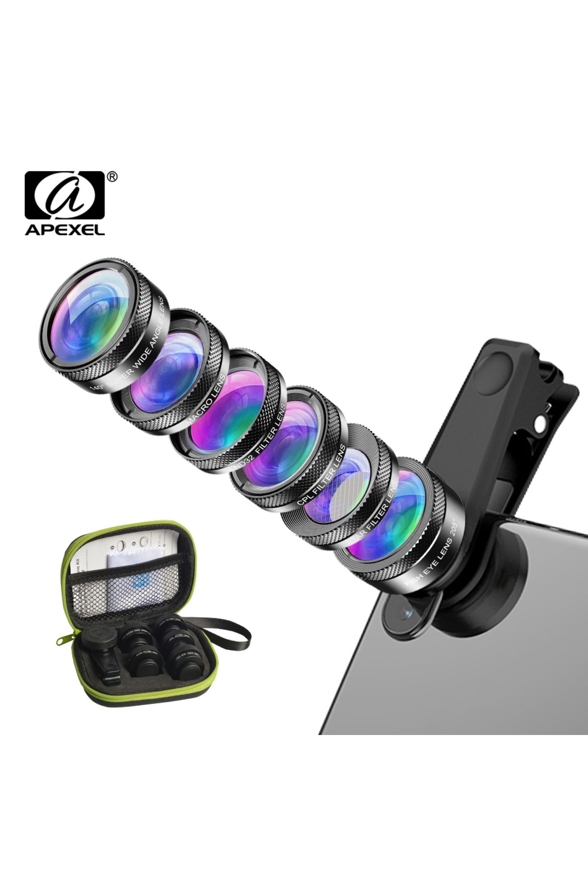 APEXEL-Universal 6 in 1 Phone Camera Lens Kit Fish Eye Lens Wide Angle macro Lens CPL/StarND32 Fi... 1