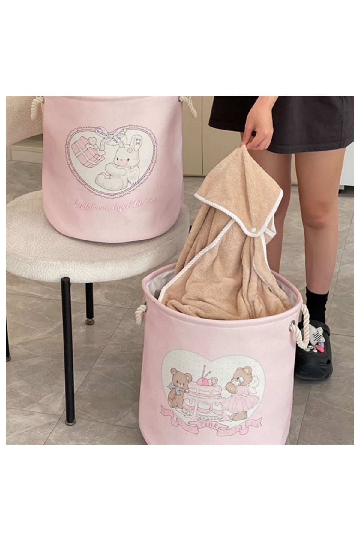 Choice-Large Pink Laundry Basket Kids Toys Storage Basket with Handles Fabric Foldable Cute Cartoon Cast... 2
