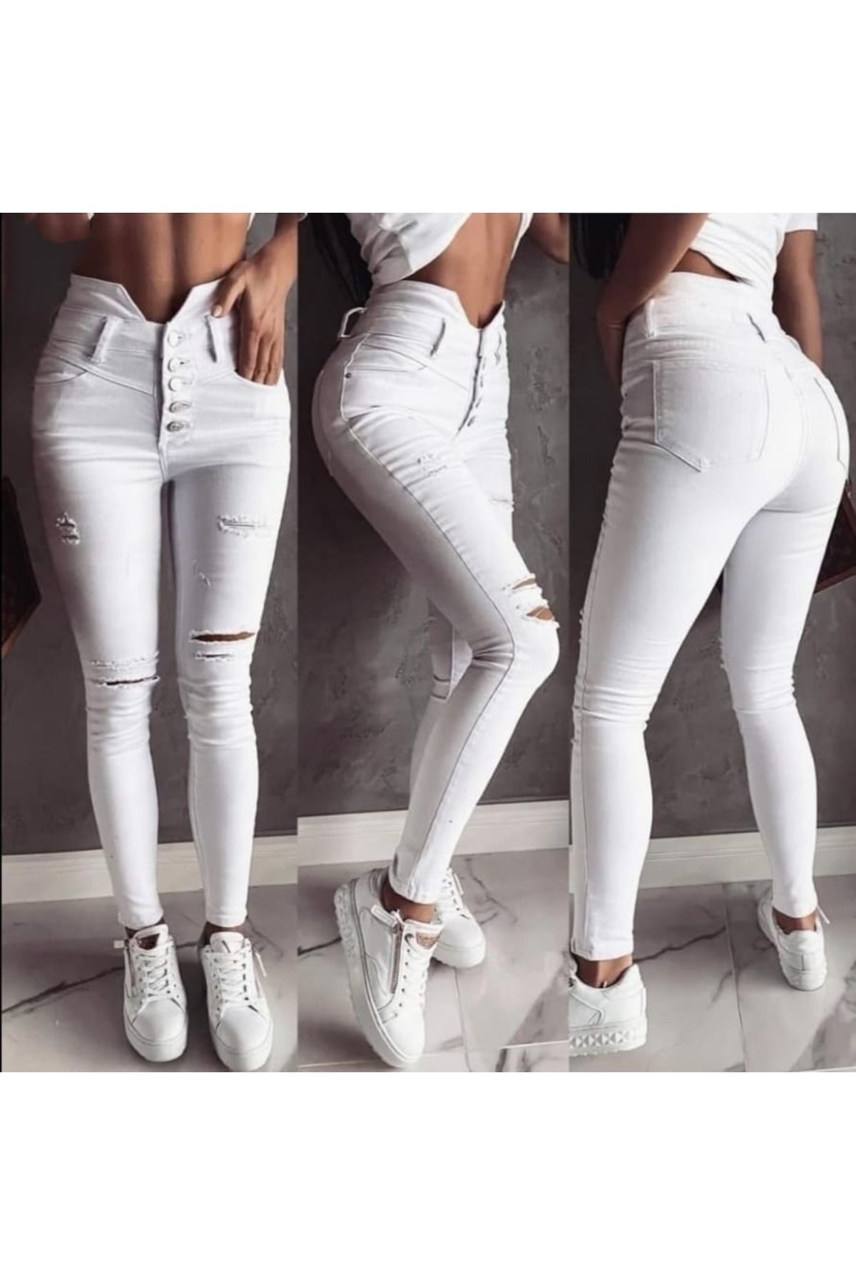 1001moda 5 Düğmeli V Detay Bel Yırtık Kot