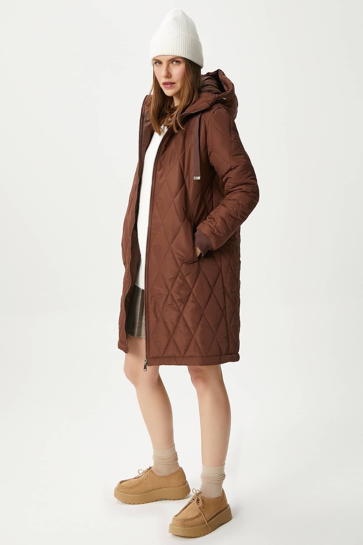 Ritnice-Women's Sporty Hooded Quilted Brown Coat 5