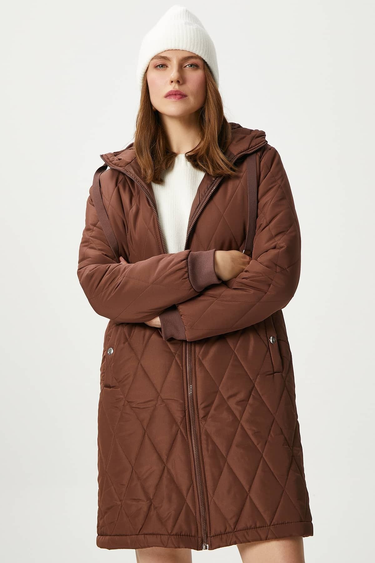 Ritnice-Women's Sporty Hooded Quilted Brown Coat 1