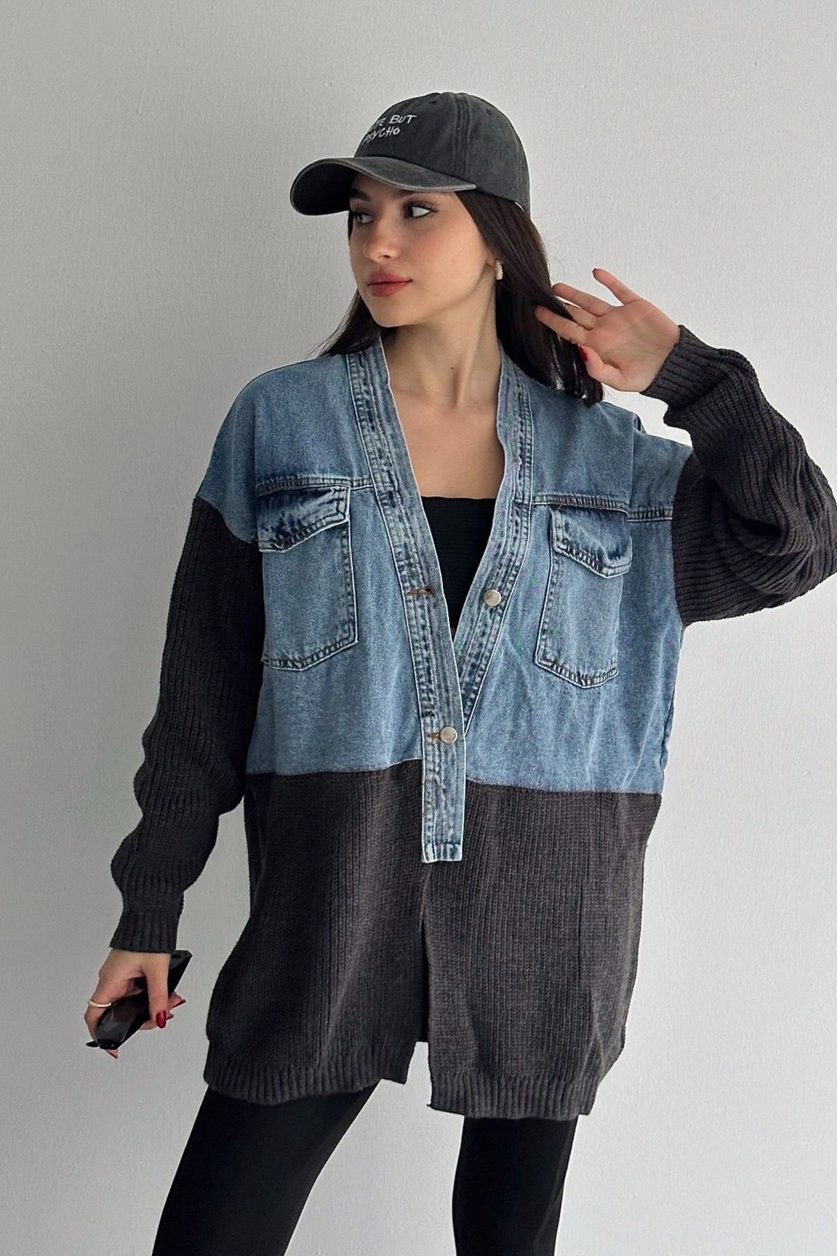 FURKAN EXCLUSIVE-Women's Anthracite Knitwear Detailed Design Denim Jacket 6