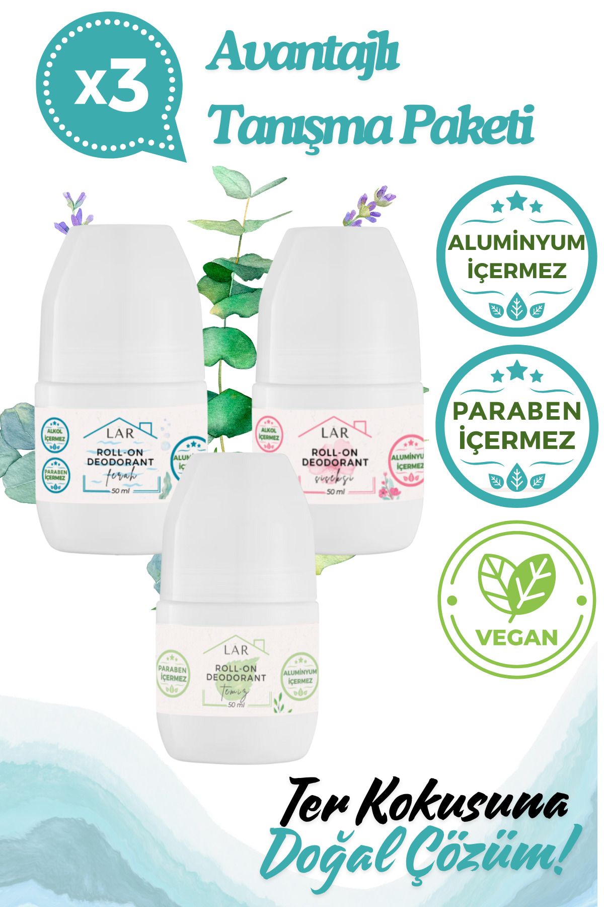 LAR Doğal Alüminyumsuz Parabensiz Vegan Roll-on Deodorant 3lü Avantajlı Tanışma Paket 50ml
